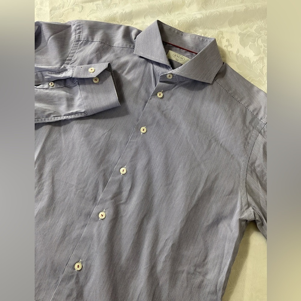 ETON Shirt Men’s Size 41/16 White Blue Striped Long Sleeve Spread Collar